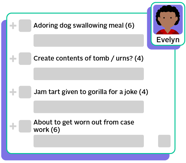 Evelyn's clues: Adoring dog swallowing meal (6). Create contents of tomb / urns? (4). Jam tart given to gorilla for a joke (4). About to get worn out from case work (6).