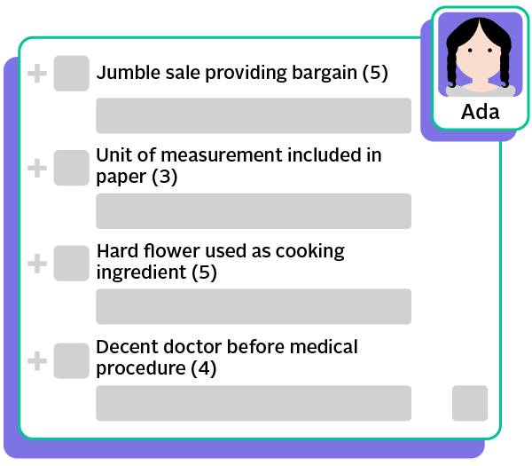 Ada's clues: Jumble sale providing bargain (5). Unit of measurement included in paper (3). Hard flower used as cooking ingredient (5). Decent doctor before medical procedure (4).