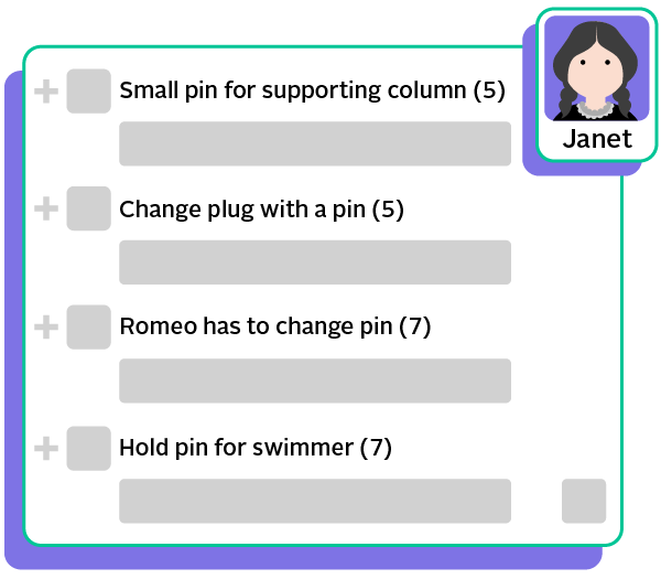 Janet's clues: Small pin for supporting column (5). Change plug with a pin (5). Romeo has to change pin (7). Hold pin for swimmer (7).