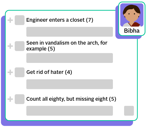 Bibha's clues: Engineer enters a closet (7). Seen in vandalism on the arch, for example (5). Get rid of hater (4). Count all eighty, but missing eight (5).
