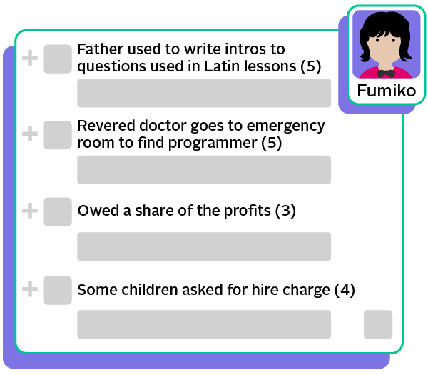 Fumiko's clues: Father used to write intros to questions used in Latin lessons (5). Revered doctor goes to emergency room to find programmer (5). Owed a share of the profits (3). Some children asked for hire charge (4).